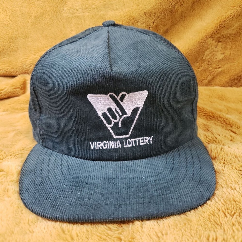 Vintage Virginia Lottery Corduroy Green hat leather strap back made in USA